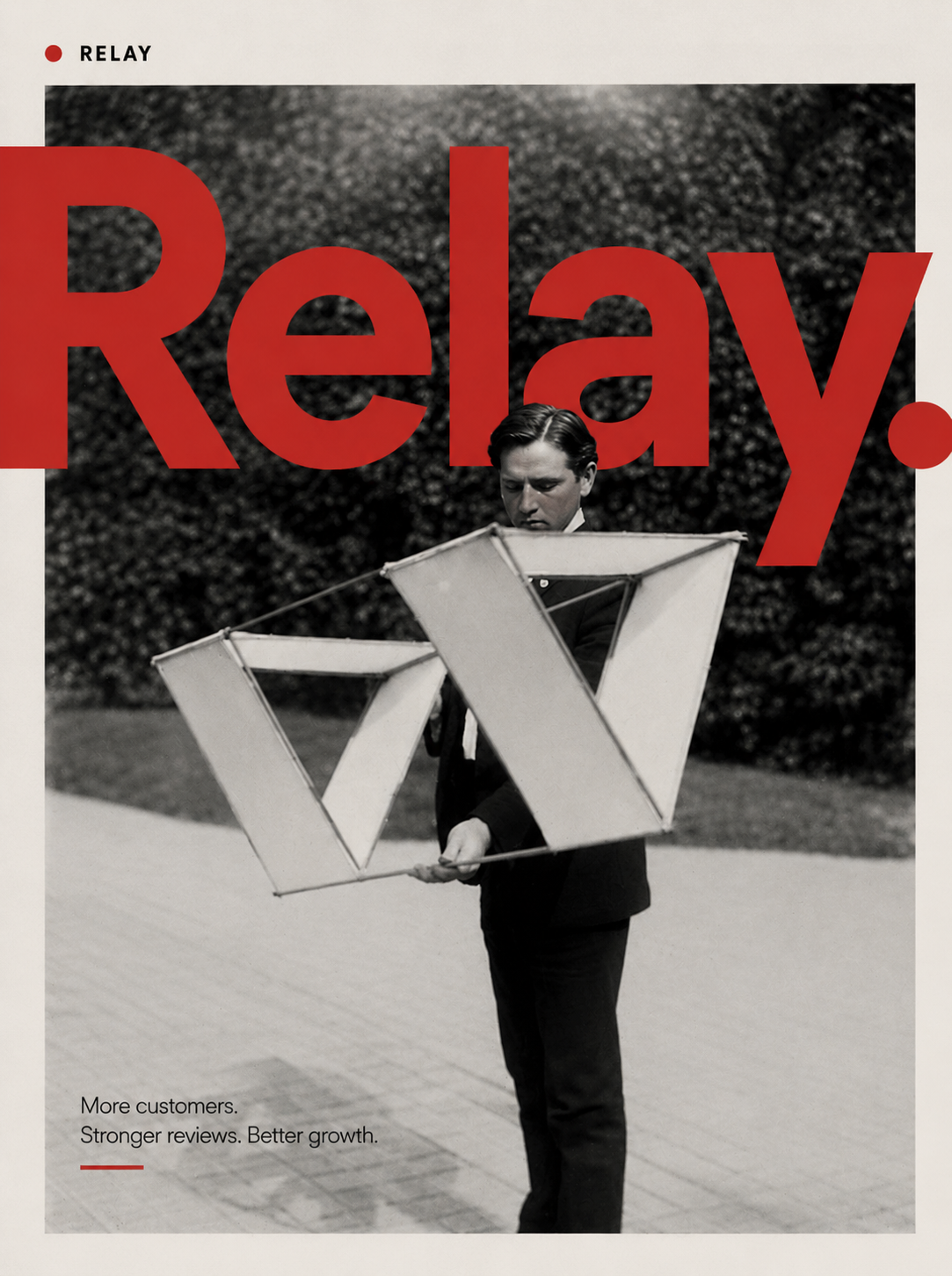 Relay editorial poster — a man holding a large kite frame
